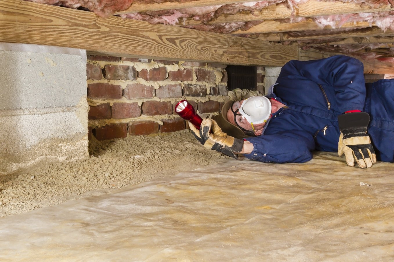 Technician inspecting crawl space for mold